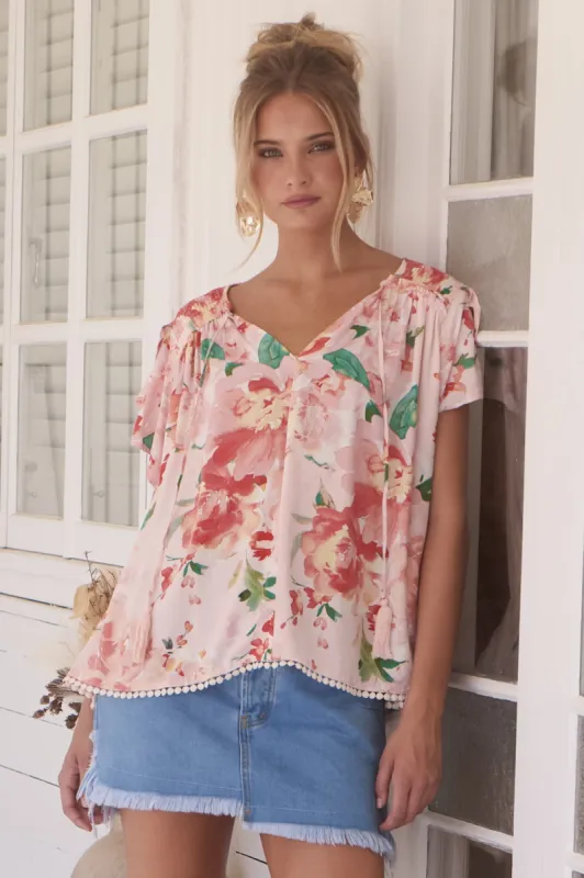 Fisico Top - High V Neck Slouchy Blouse with Crochet Trim Hemline in Alessia Print sold by Salty Crush