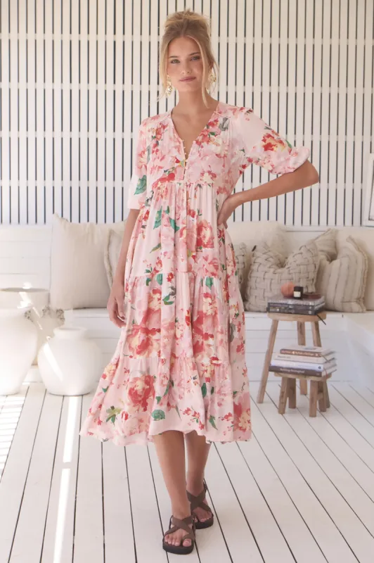 Eve Midi Dress - V Neck Tiered Dress with Option Waist Tie in Alessia Print sold by Salty Crush