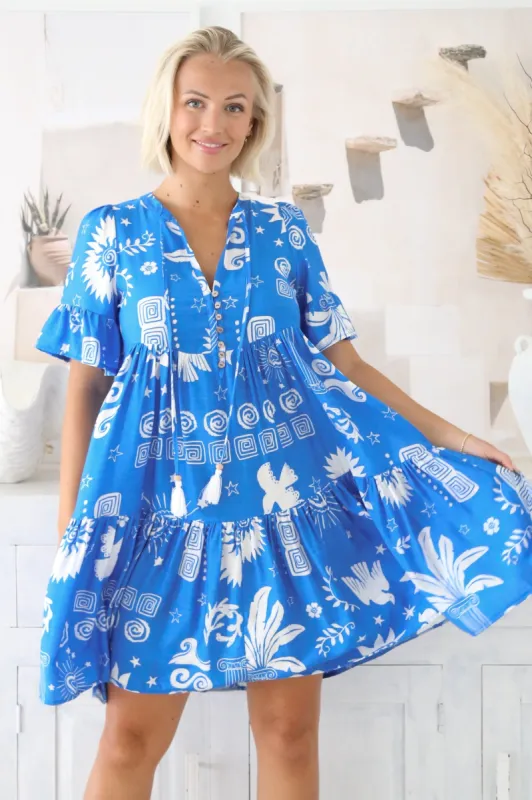 Lilou Mini Dress - Flute Sleeve Tiered Smock Dress in Aurie Print sold by Salty Crush