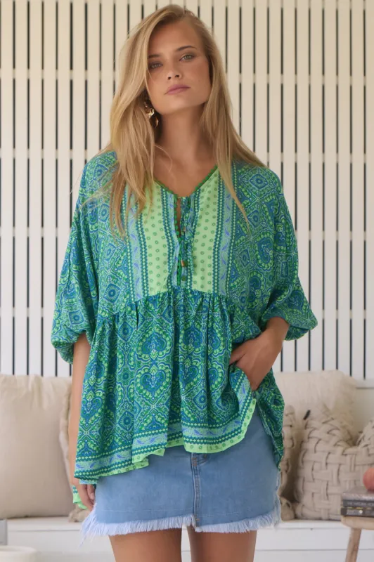 JAASE - Chloe Top: Very Oversized Crochet Trim Neckline Smock Top in Tranquility Print sold by Salty Crush