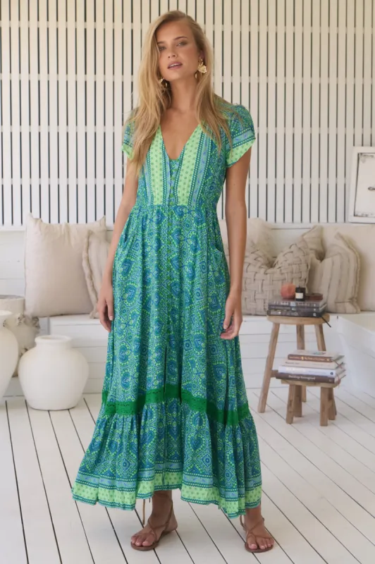 JAASE - Carmen Maxi Dress: Butterfly Cap Sleeve Button Down A Line Dress with Lace Trim in Tranquility Print sold by Salty Crush