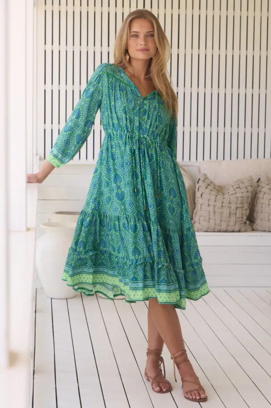 JAASE - Olly Midi Dress: V Neck Pull in Waist Tie Tiered Dress in Tranquility Print sold by Salty Crush