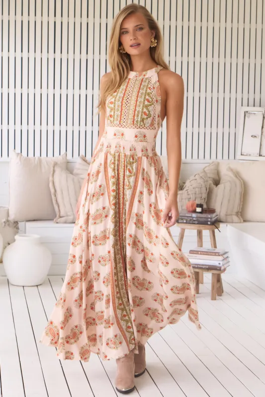 JAASE - Endless Maxi Dress: Halter Crochet Detailed Dress in Heirloom Print sold by Salty Crush
