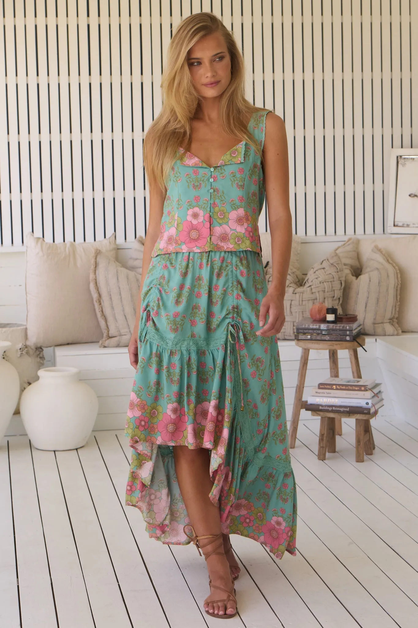 JAASE - Dew Drop Skirt: Elasticated Waist High Low Skirt in Meadowland Print sold by Salty Crush