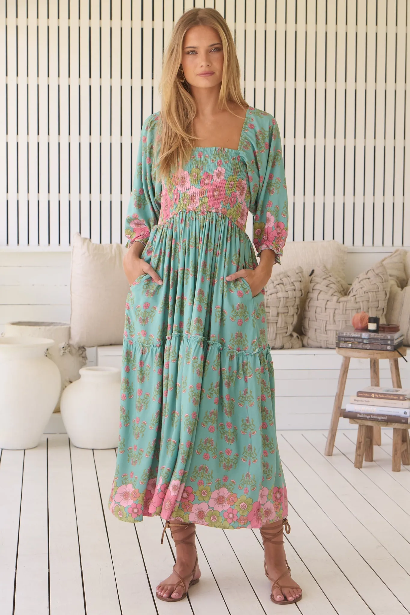 JAASE - Tulli Midi Dress: Shirred Bodice Balloon Sleeve Midi in Meadowland Print sold by Salty Crush product image thumbnail 4