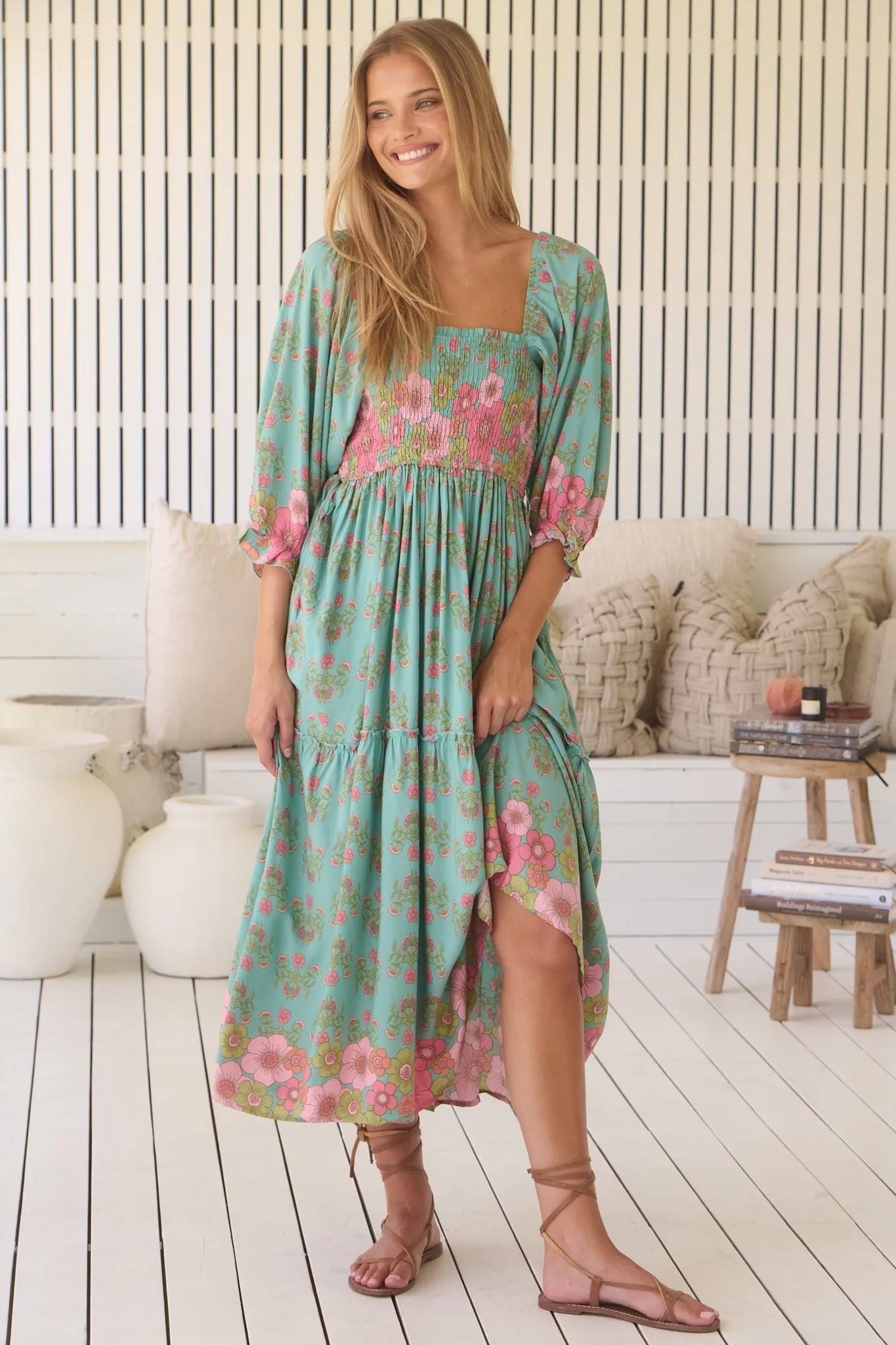 JAASE - Tulli Midi Dress: Shirred Bodice Balloon Sleeve Midi in Meadowland Print sold by Salty Crush product image thumbnail 2