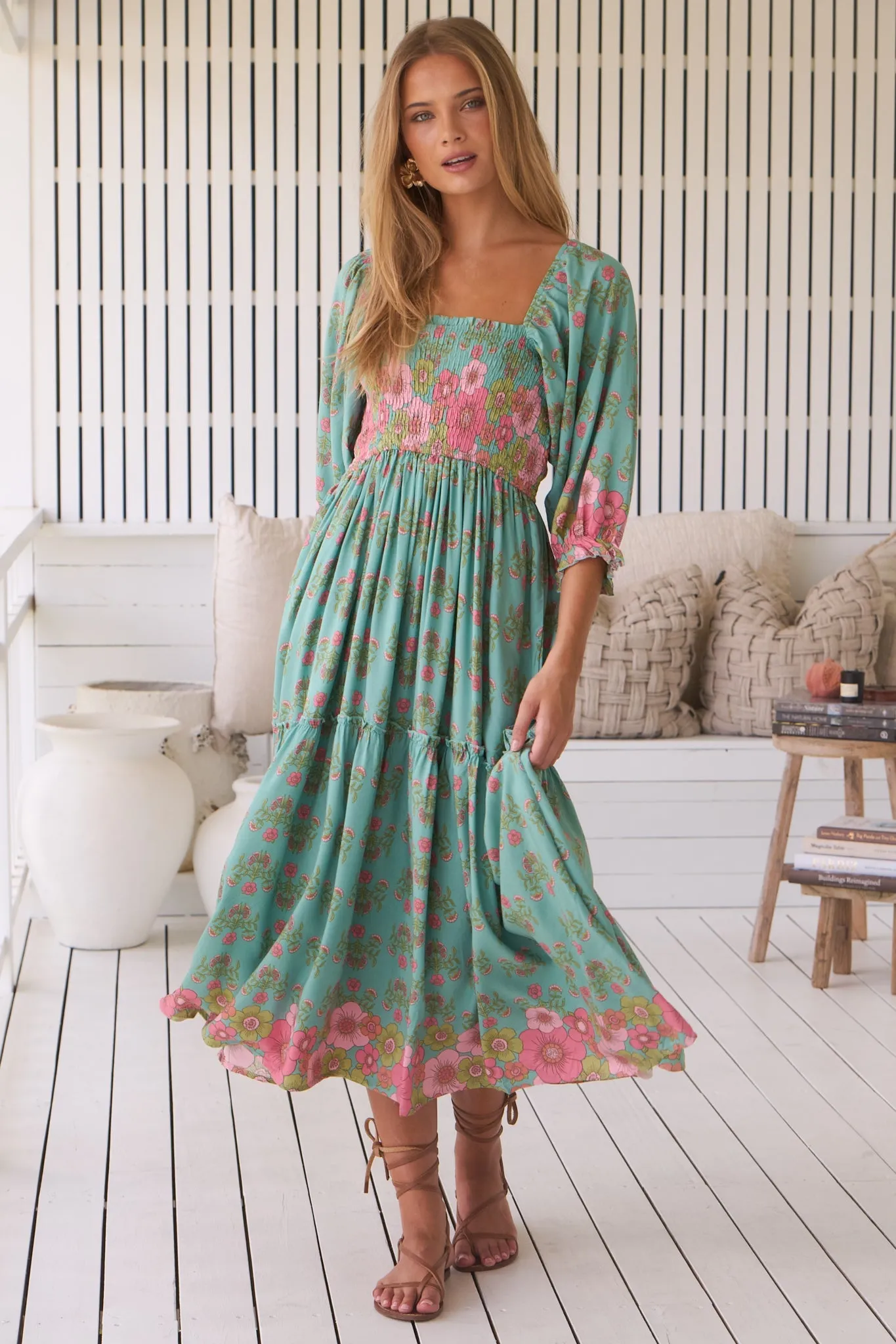 JAASE - Tulli Midi Dress: Shirred Bodice Balloon Sleeve Midi in Meadowland Print sold by Salty Crush product image thumbnail 3