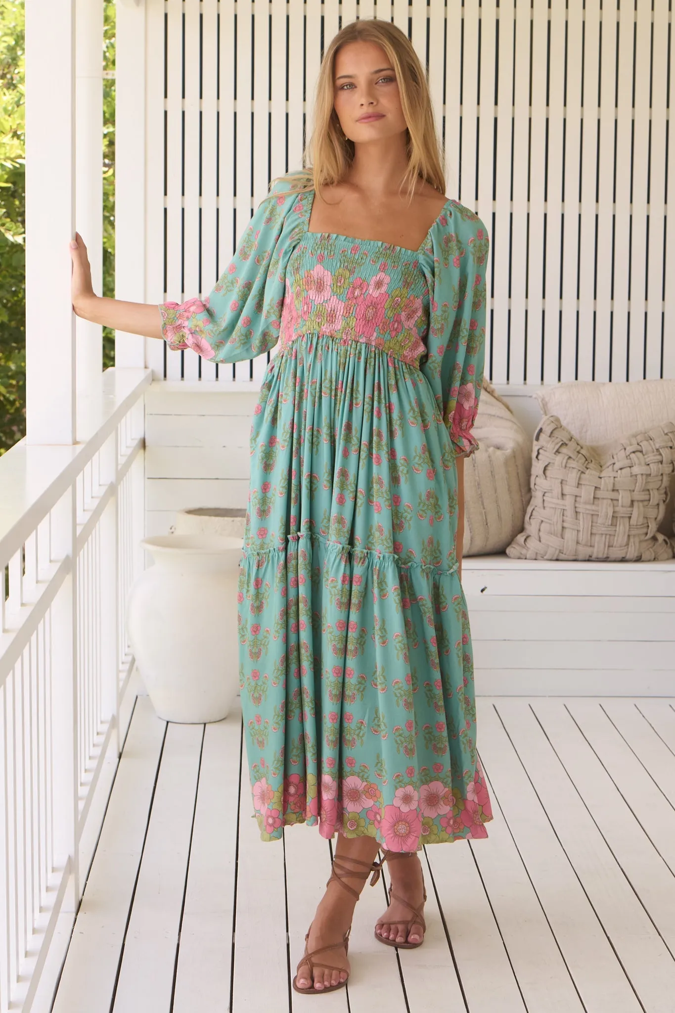 JAASE - Tulli Midi Dress: Shirred Bodice Balloon Sleeve Midi in Meadowland Print sold by Salty Crush