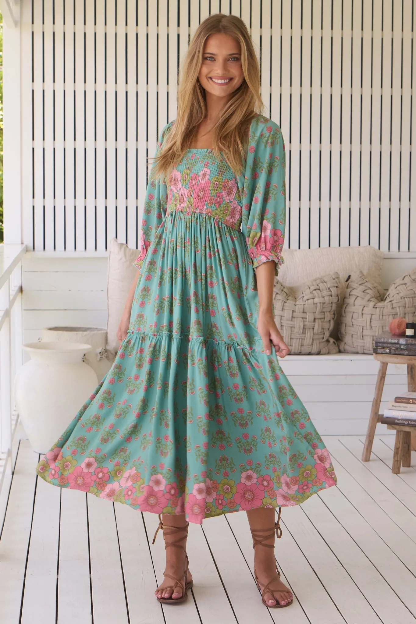 JAASE - Tulli Midi Dress: Shirred Bodice Balloon Sleeve Midi in Meadowland Print sold by Salty Crush product image thumbnail 5