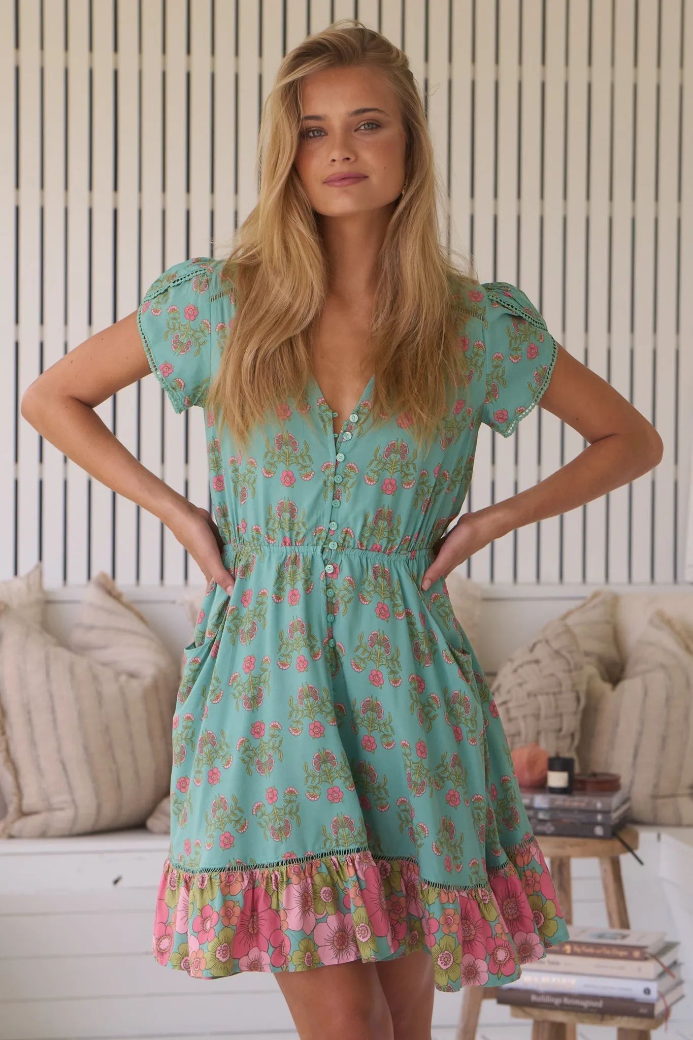 Lizzie Mini Dress - Butterfly Cap Sleeve Button Down Dress with Pockets in Meadowland Print sold by Salty Crush product image thumbnail 3