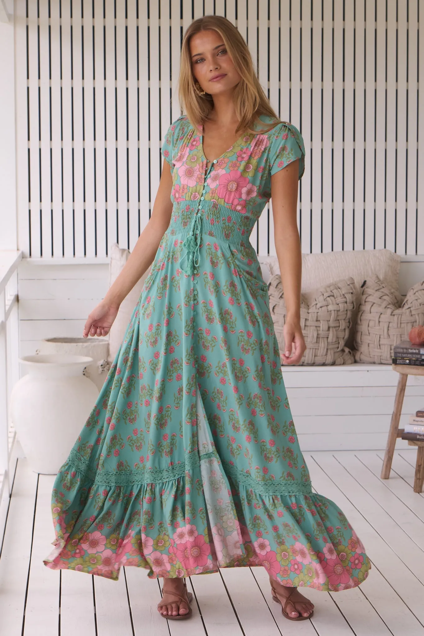 Romi Maxi Dress - Button Down Cap Sleeve Dress with Waist Tie in Meadowland Print sold by Salty Crush product image thumbnail 3