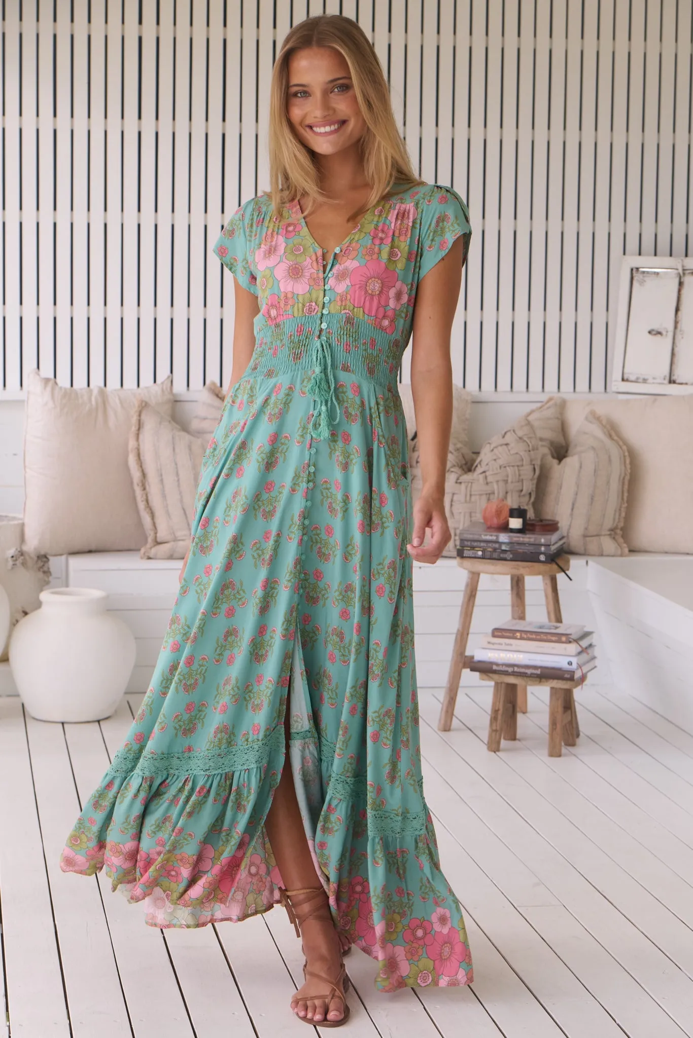 Romi Maxi Dress - Button Down Cap Sleeve Dress with Waist Tie in Meadowland Print sold by Salty Crush product image thumbnail 5