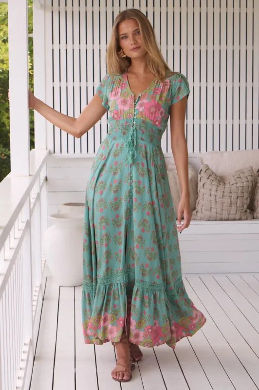 Romi Maxi Dress - Button Down Cap Sleeve Dress with Waist Tie in Meadowland Print sold by Salty Crush