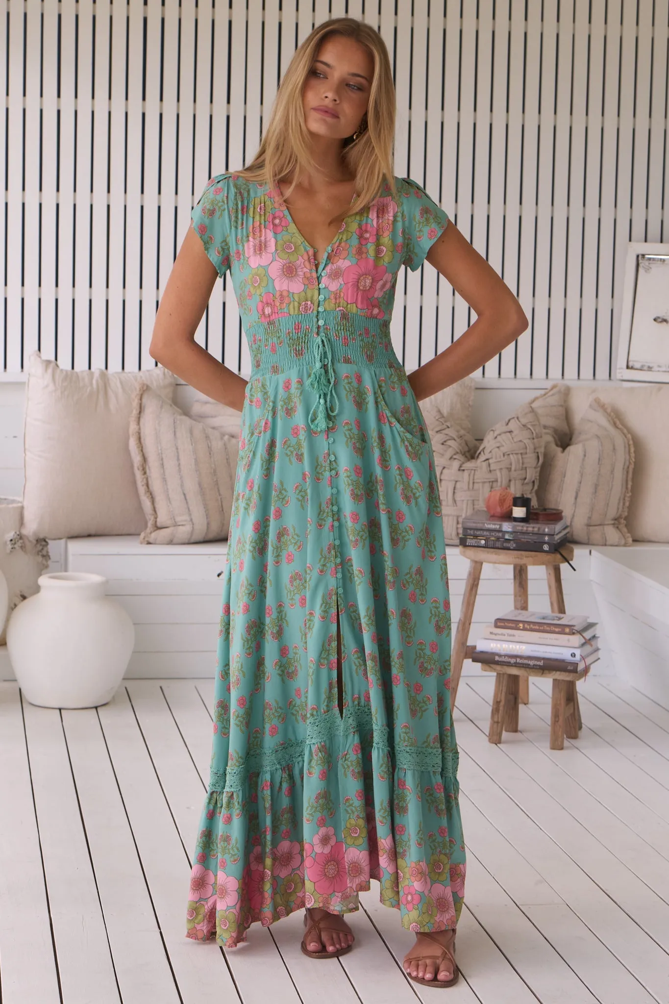 Romi Maxi Dress - Button Down Cap Sleeve Dress with Waist Tie in Meadowland Print sold by Salty Crush product image thumbnail 4