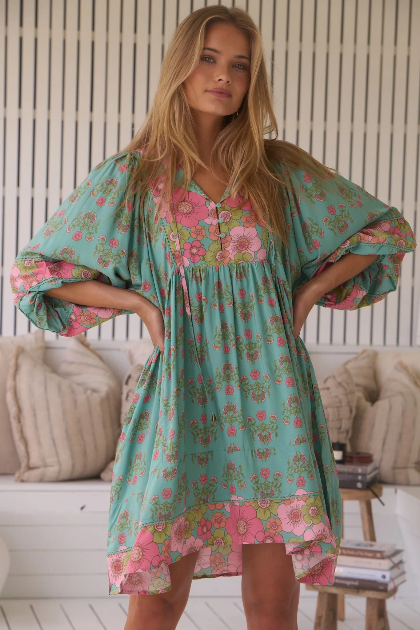 JAASE - Adela Mini Dress: Oversized Smock Dress with Batwing Sleeves in Meadowland Print sold by Salty Crush product image thumbnail 2