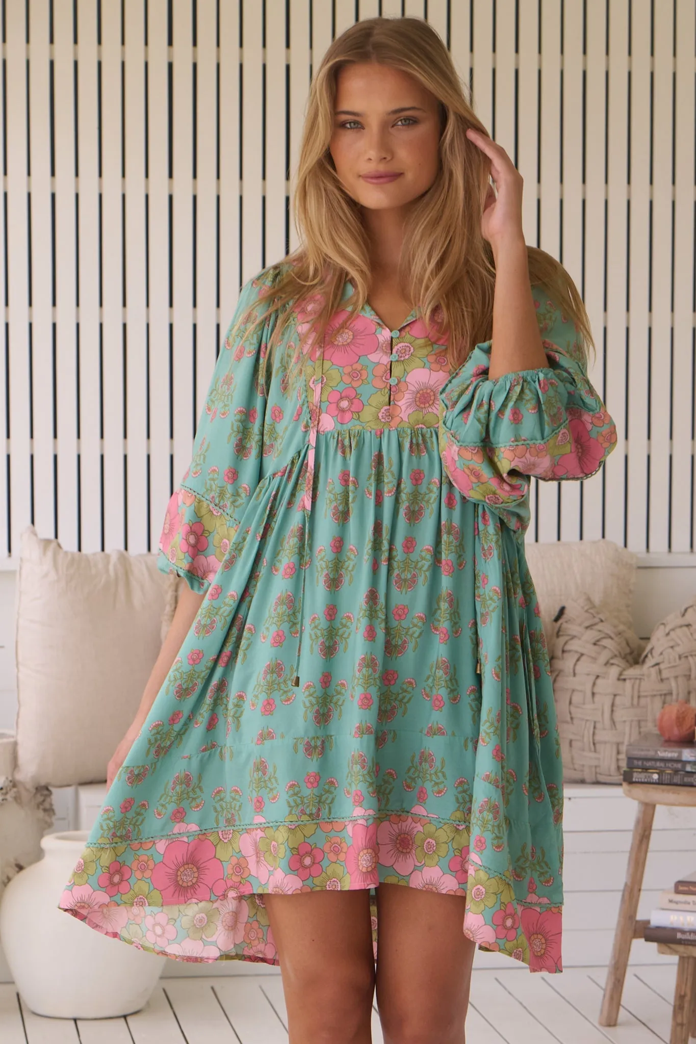 JAASE - Adela Mini Dress: Oversized Smock Dress with Batwing Sleeves in Meadowland Print sold by Salty Crush product image thumbnail 3