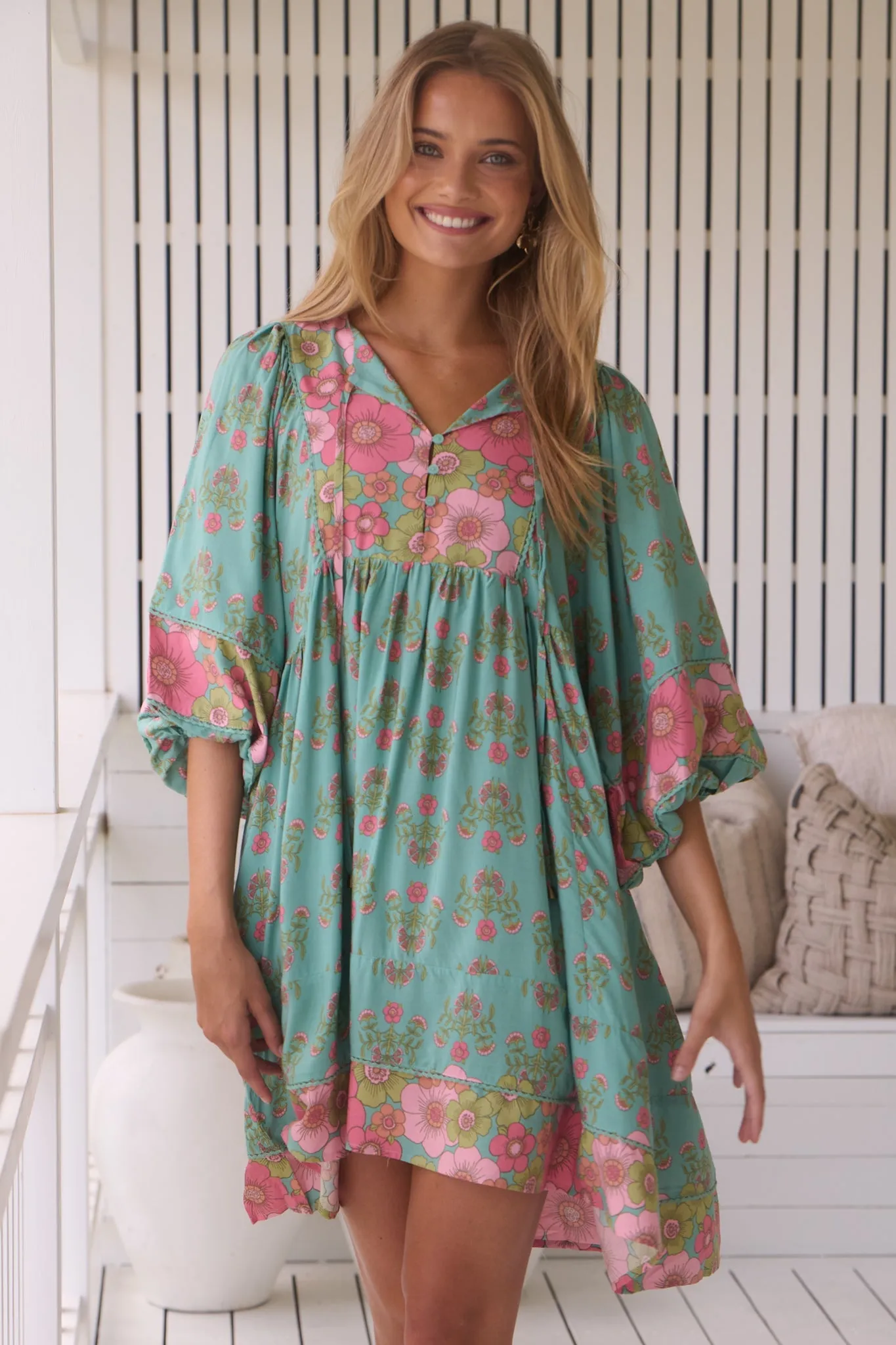 JAASE - Adela Mini Dress: Oversized Smock Dress with Batwing Sleeves in Meadowland Print sold by Salty Crush product image thumbnail 5