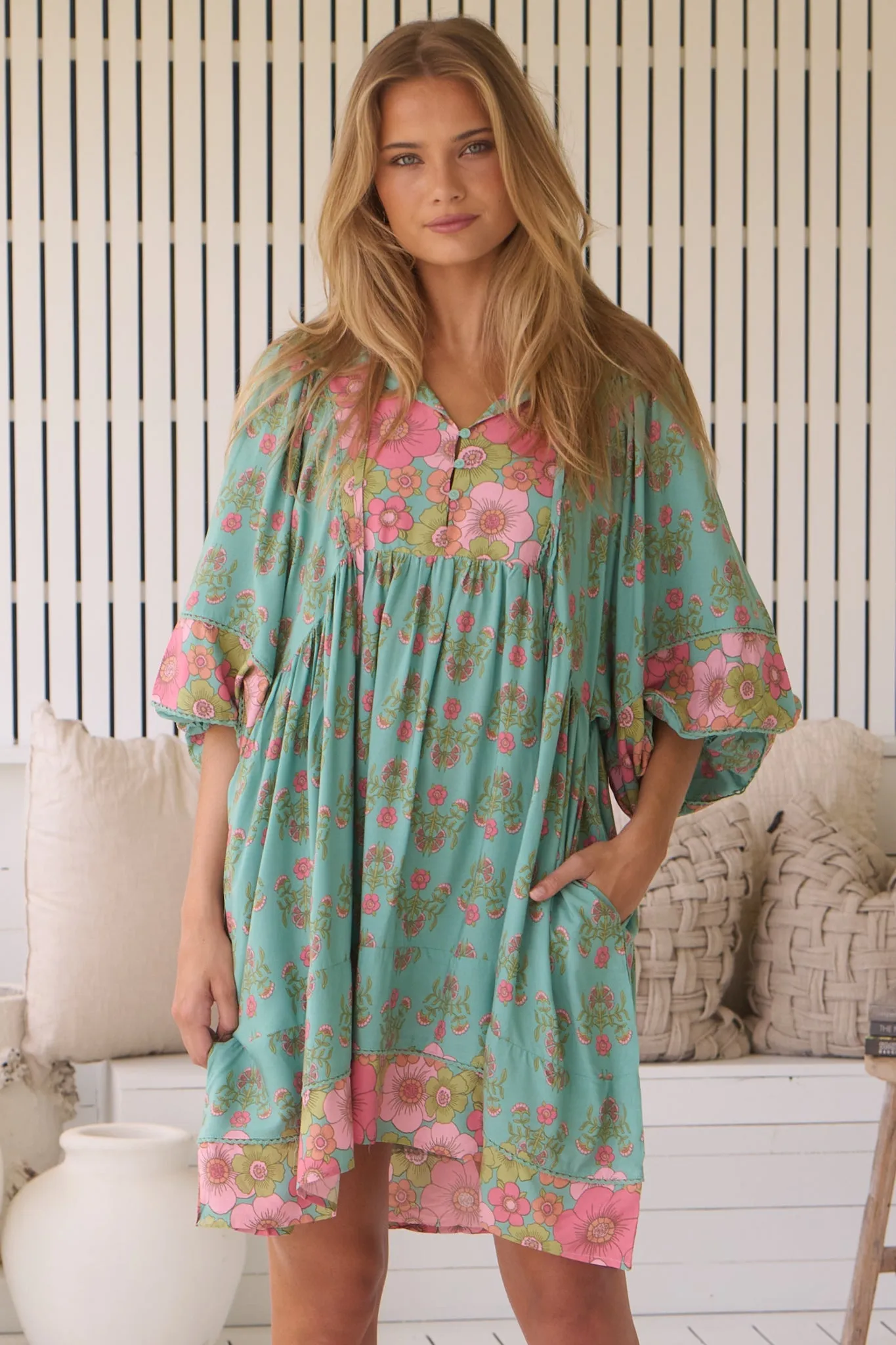 JAASE - Adela Mini Dress: Oversized Smock Dress with Batwing Sleeves in Meadowland Print sold by Salty Crush