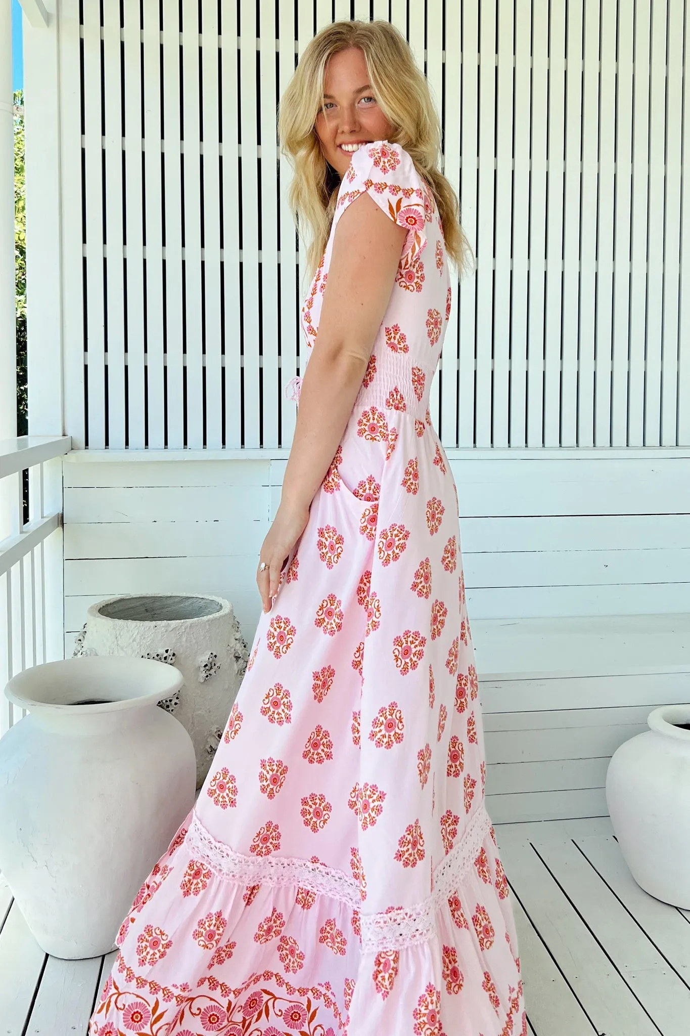 Romi Maxi Dress - Button Down Cap Sleeve Dress with Waist Tie in Desert Wildflowers Print sold by Salty Crush product image thumbnail 5