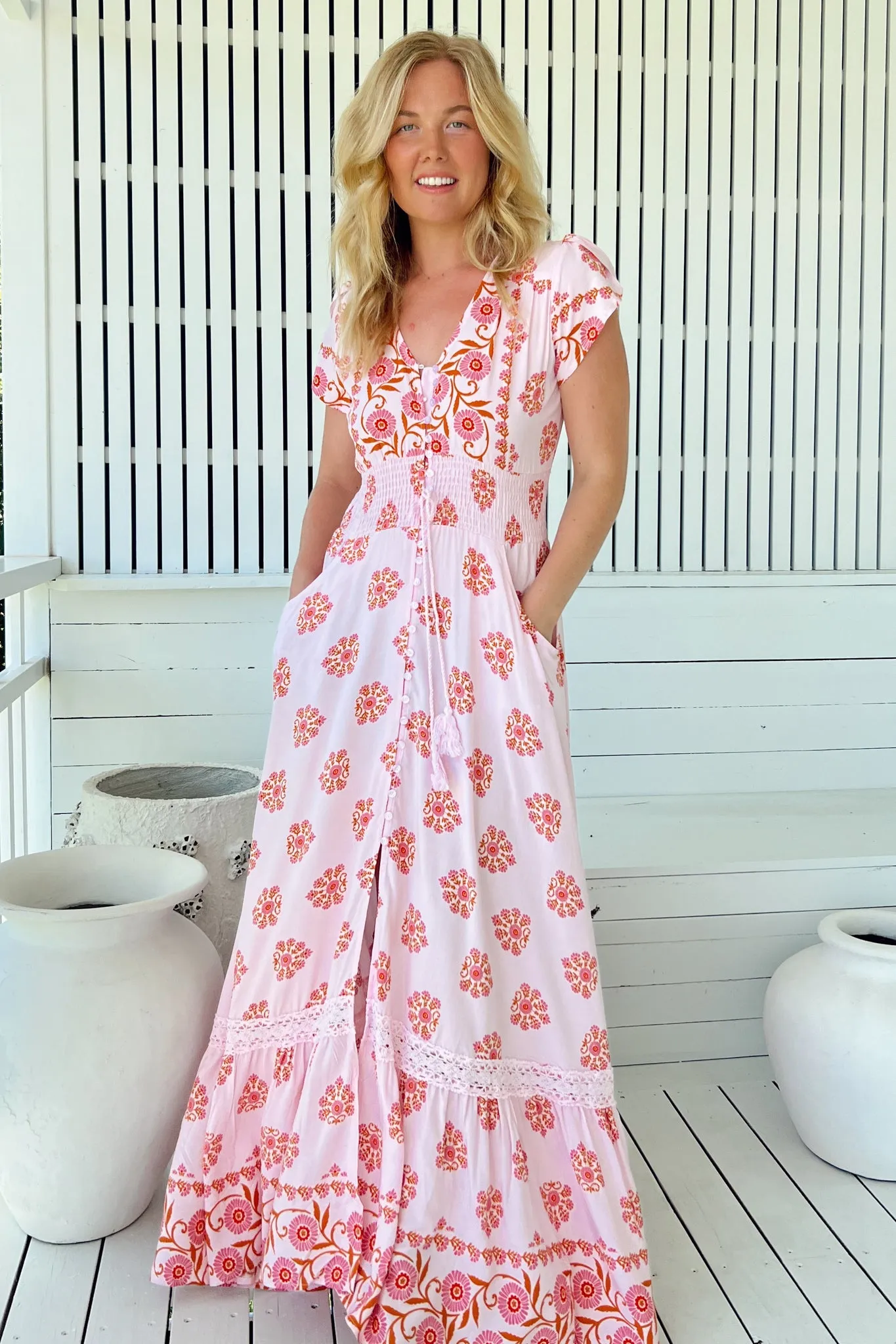 Romi Maxi Dress - Button Down Cap Sleeve Dress with Waist Tie in Desert Wildflowers Print sold by Salty Crush product image thumbnail 4