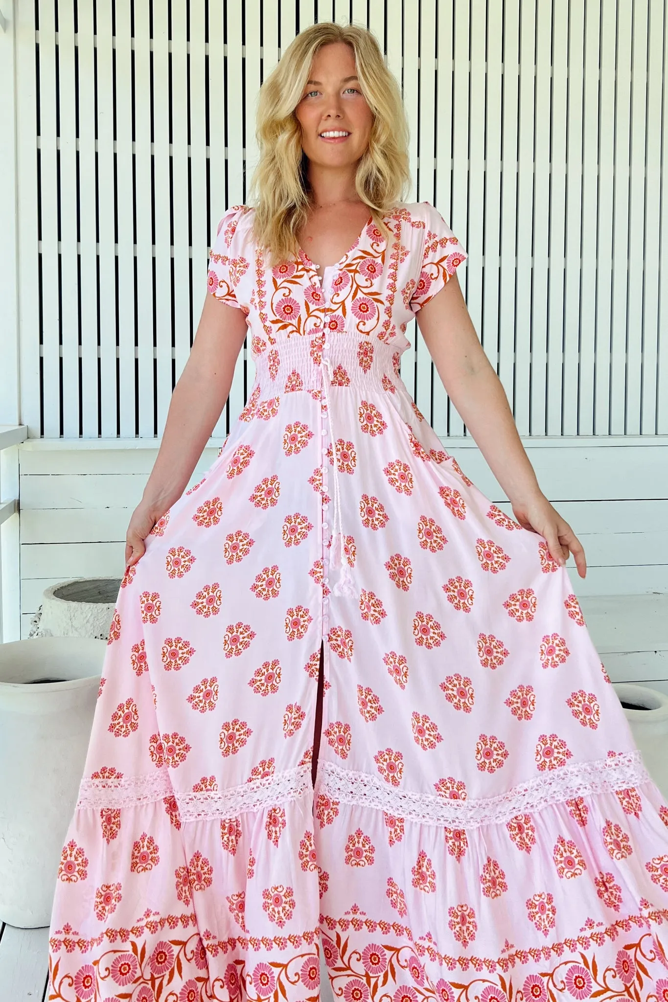 Romi Maxi Dress - Button Down Cap Sleeve Dress with Waist Tie in Desert Wildflowers Print sold by Salty Crush product image thumbnail 2