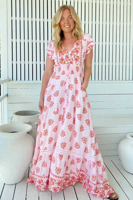 Romi Maxi Dress - Button Down Cap Sleeve Dress with Waist Tie in Desert Wildflowers Print sold by Salty Crush