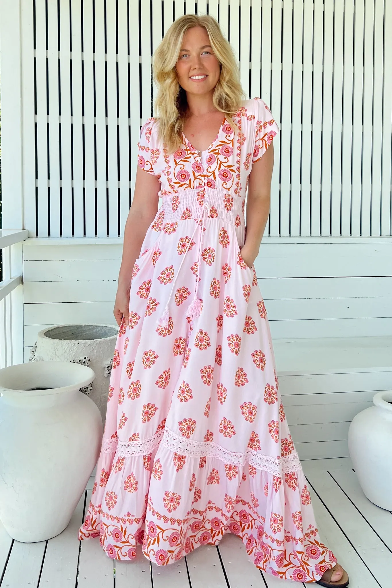 Romi Maxi Dress - Button Down Cap Sleeve Dress with Waist Tie in Desert Wildflowers Print sold by Salty Crush