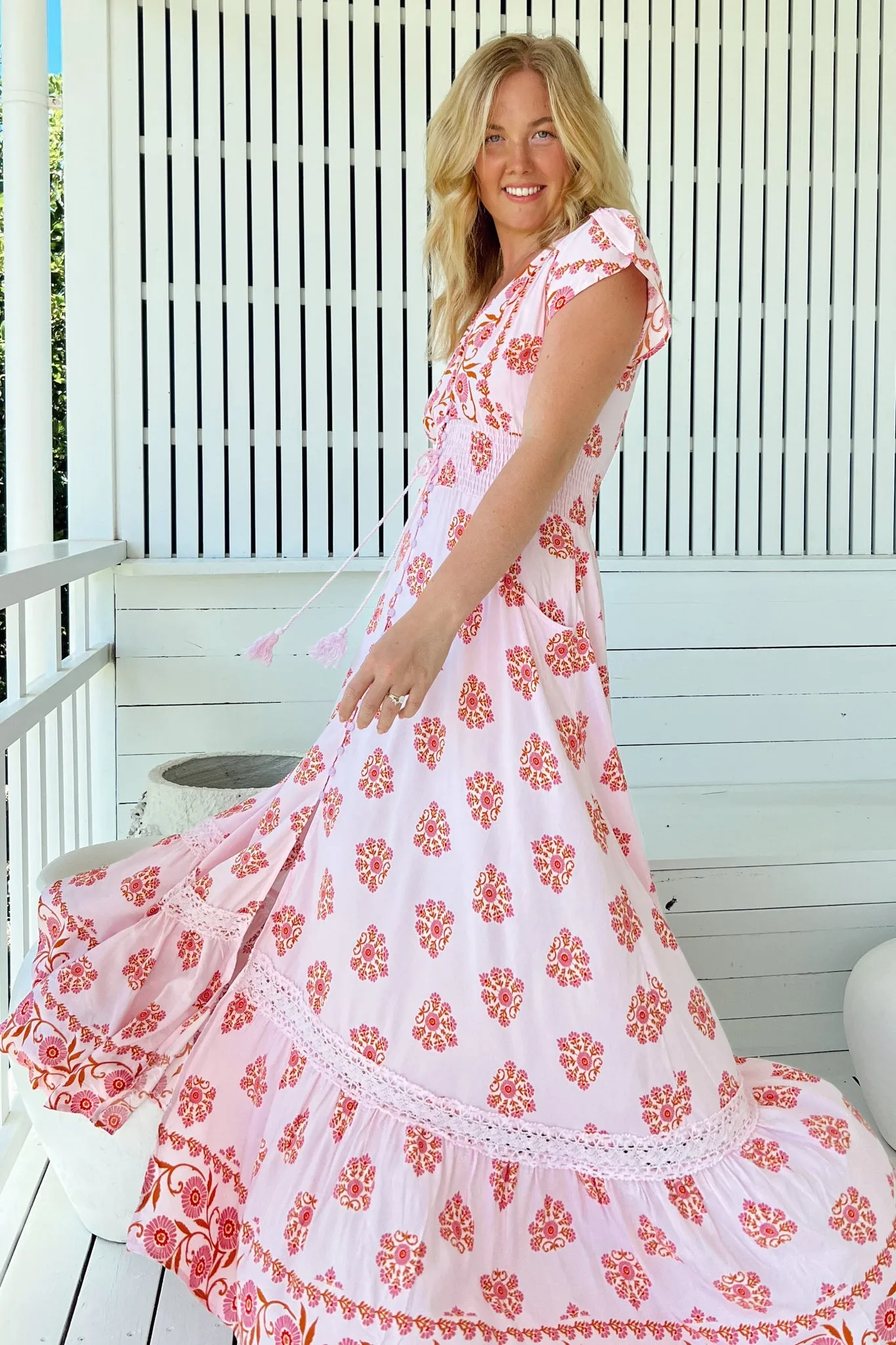 Romi Maxi Dress - Button Down Cap Sleeve Dress with Waist Tie in Desert Wildflowers Print sold by Salty Crush product image thumbnail 3