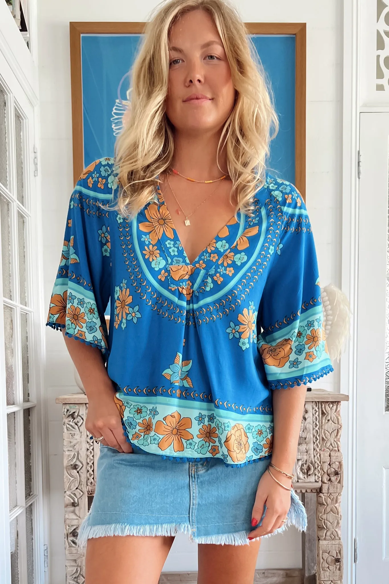 Gabriella Top - Mandarin Collar Deep V Neck Crochet Trim Top in Riviera Print sold by Salty Crush product image thumbnail 3
