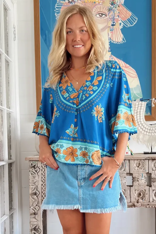 Gabriella Top - Mandarin Collar Deep V Neck Crochet Trim Top in Riviera Print sold by Salty Crush