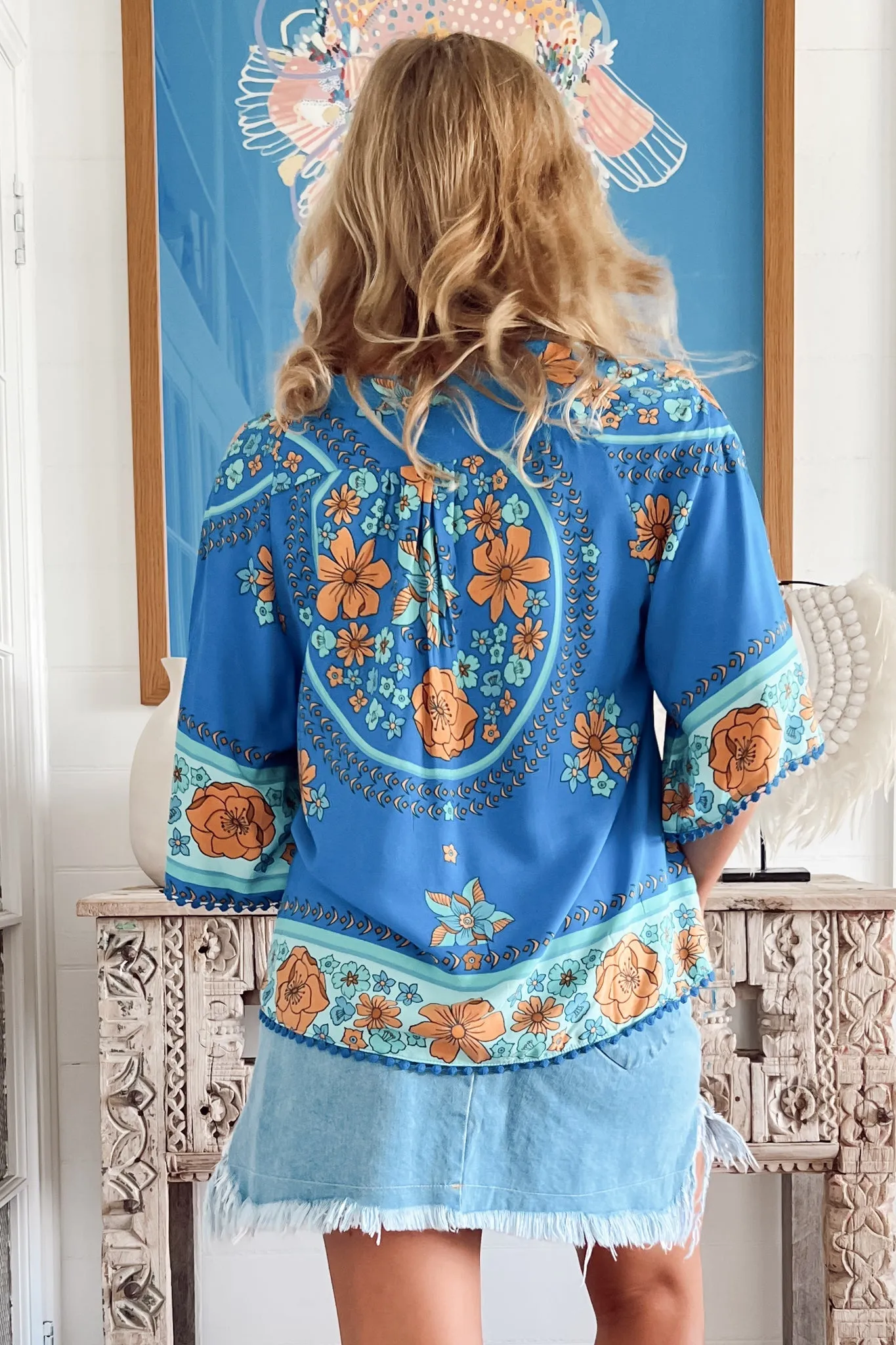 Gabriella Top - Mandarin Collar Deep V Neck Crochet Trim Top in Riviera Print sold by Salty Crush product image thumbnail 5