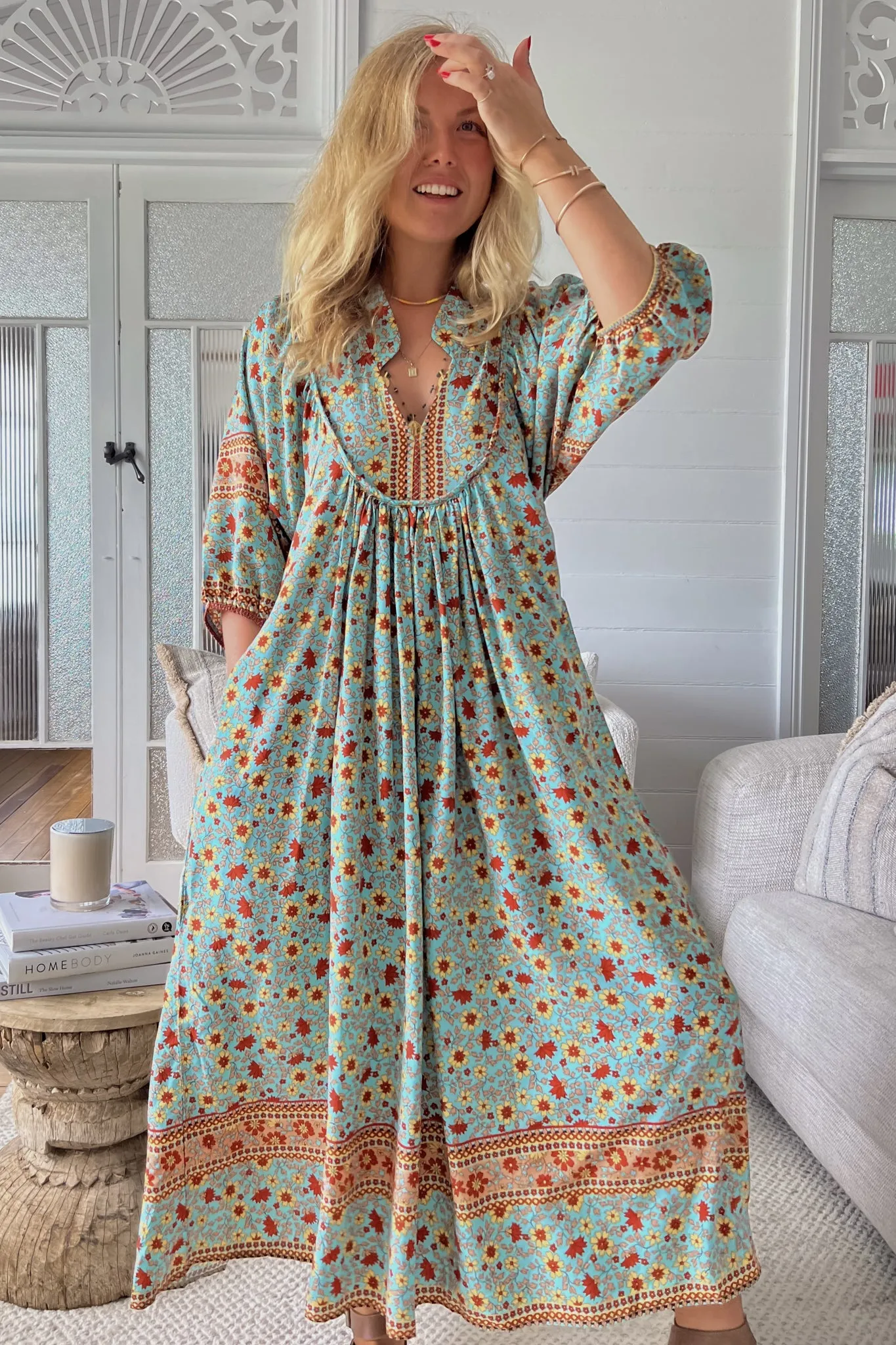 JAASE - Boheme Midi Dress: Piping Defined Bust Slimline Smock Dress in Synergy Print sold by Salty Crush