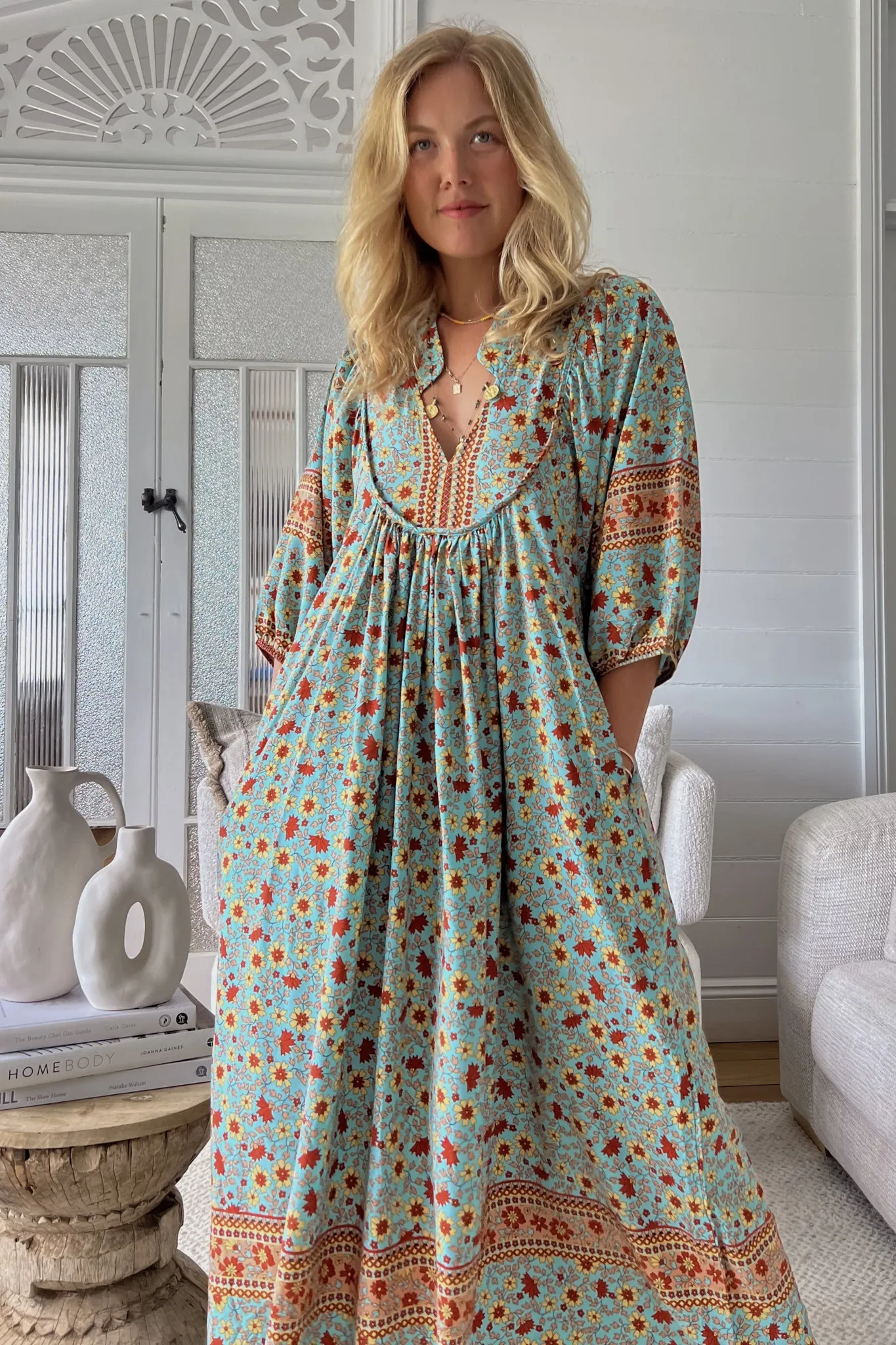 JAASE - Boheme Midi Dress: Piping Defined Bust Slimline Smock Dress in Synergy Print sold by Salty Crush product image thumbnail 2