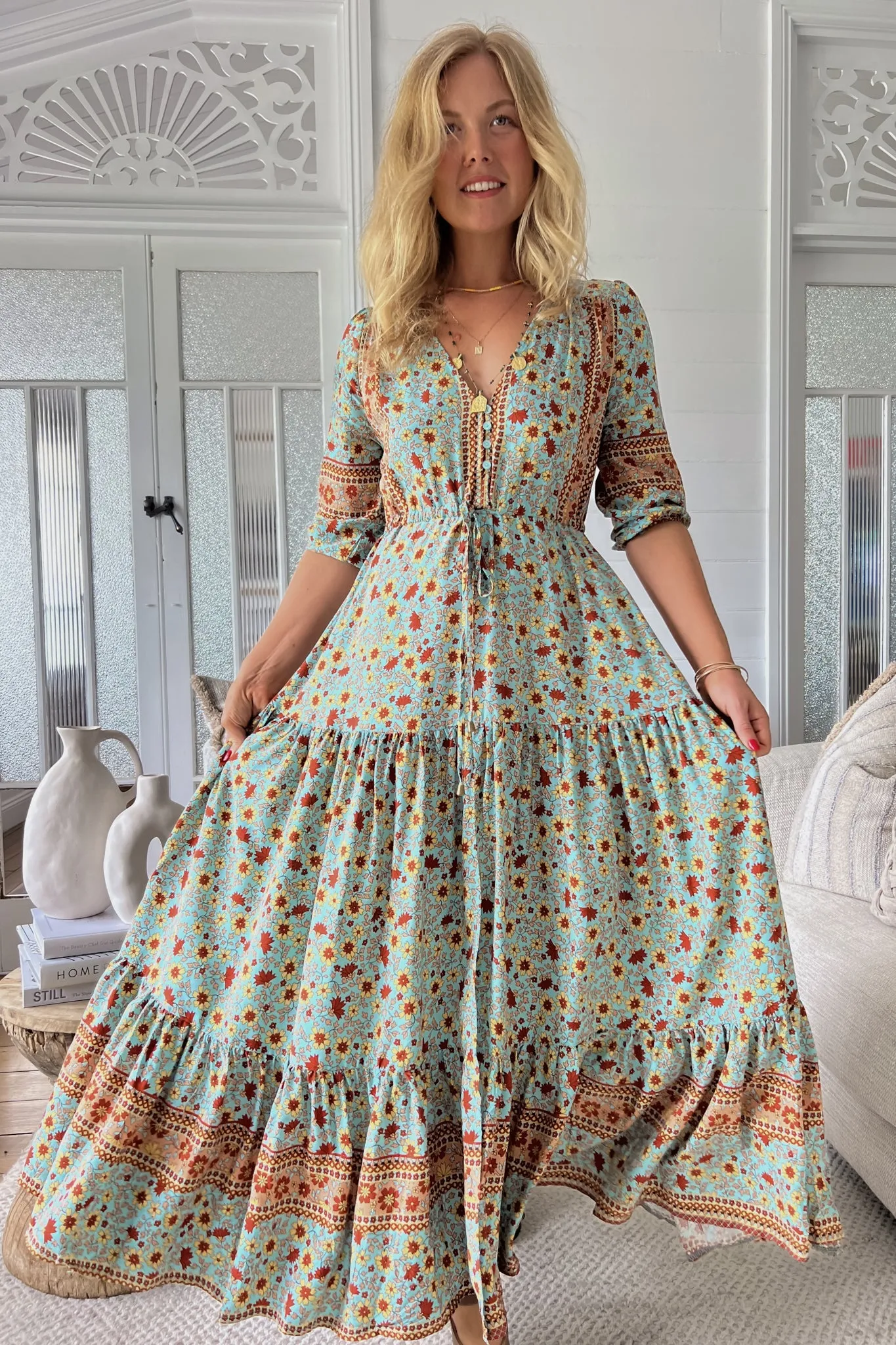 JAASE - Tessa Maxi Dress: A Line Pull Tie Waist Dress in Synergy Print sold by Salty Crush