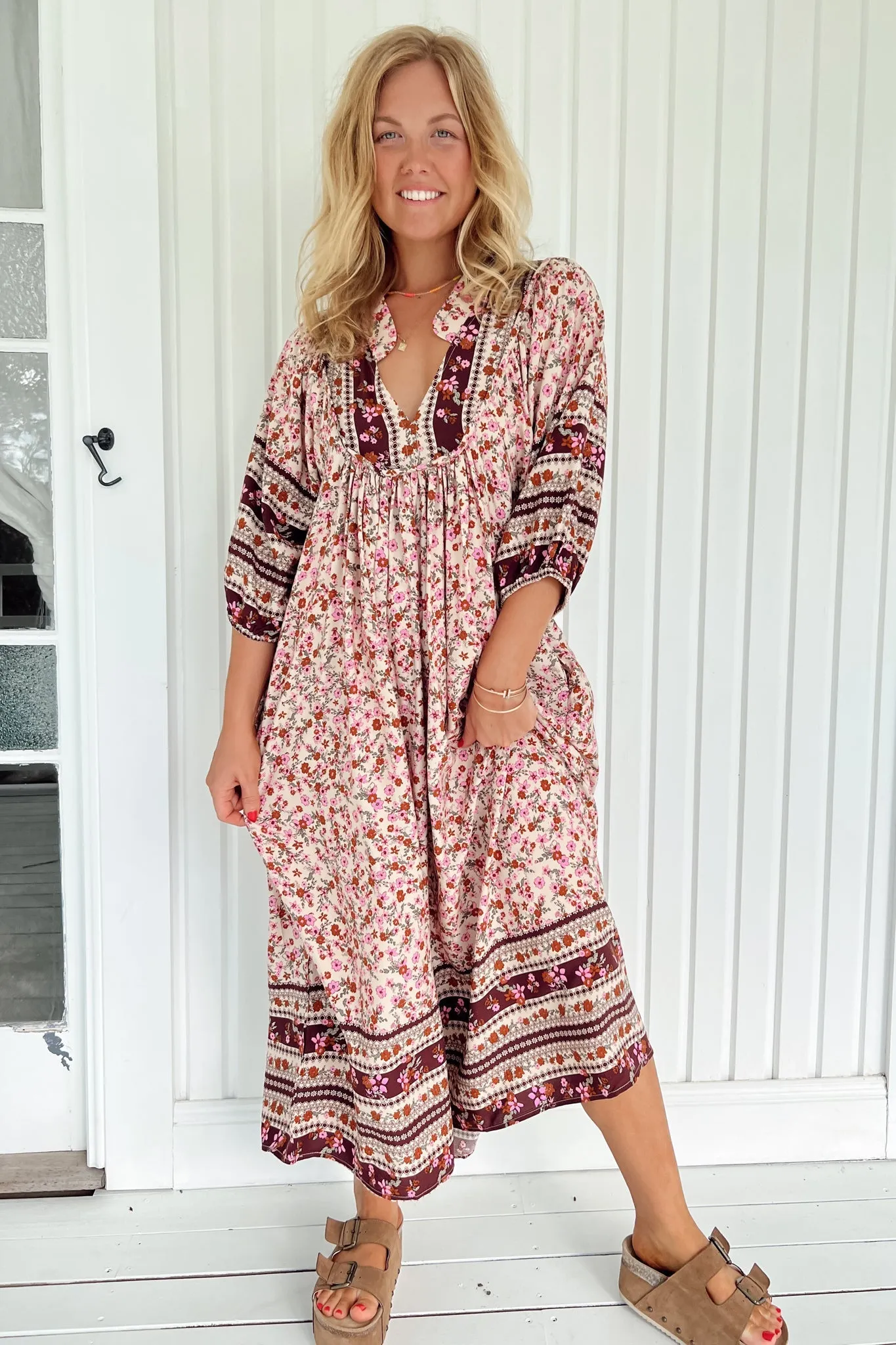 JAASE - Boheme Midi Dress: Piping Defined Bust Slimline Smock Dress in Madelene Print sold by Salty Crush