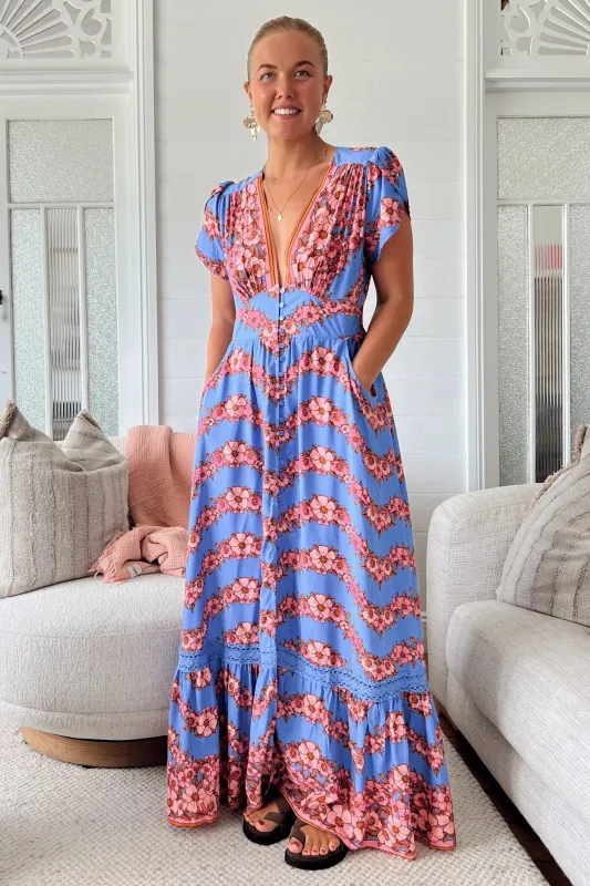 Tabitha Maxi Dress - A Line Cap Sleeve Dress in Little Flowers Print sold by Salty Crush