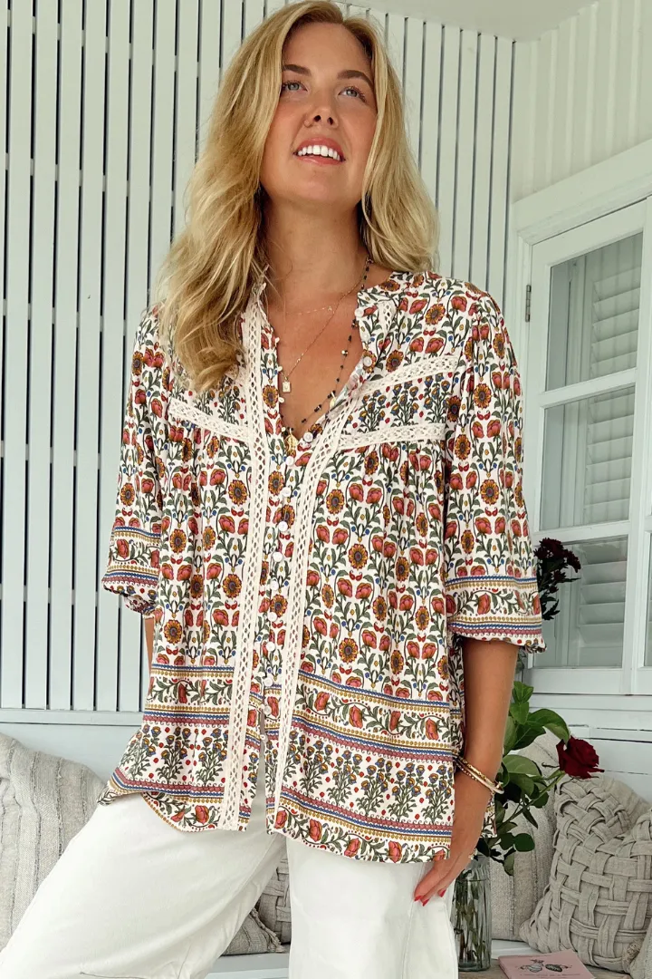 Bee Blouse - Lace Decal Button Down 3/4 Sleeve Blouse in Harlowe Print sold by Salty Crush product image thumbnail 3