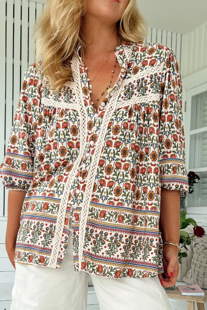 Bee Blouse - Lace Decal Button Down 3/4 Sleeve Blouse in Harlowe Print sold by Salty Crush product image thumbnail 2