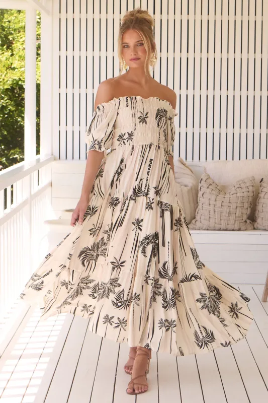JAASE - Claudette Maxi Dress: On or Off Shoulder Elasticated Bodice Short Balloon Sleeve Dress in Serene Print sold by Salty Crush