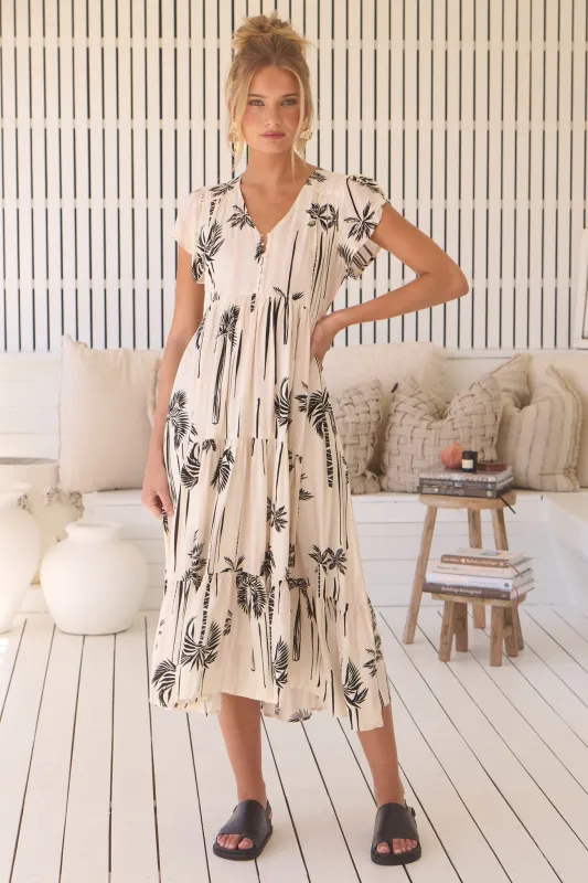 Tracey Midi Dress - Cap Sleeve Tiered Dress with Waist Tie in Serene Print sold by Salty Crush