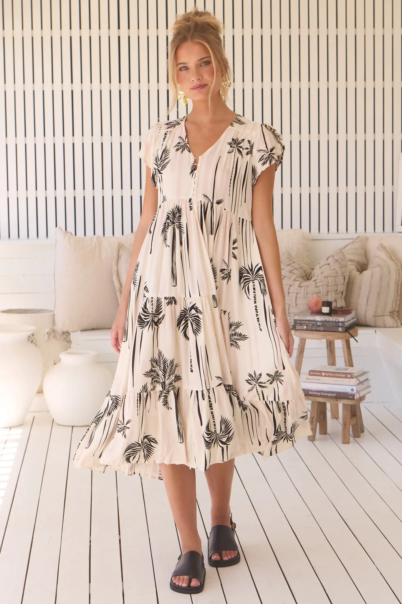 Tracey Midi Dress - Cap Sleeve Tiered Dress with Waist Tie in Serene Print sold by Salty Crush product image thumbnail 5