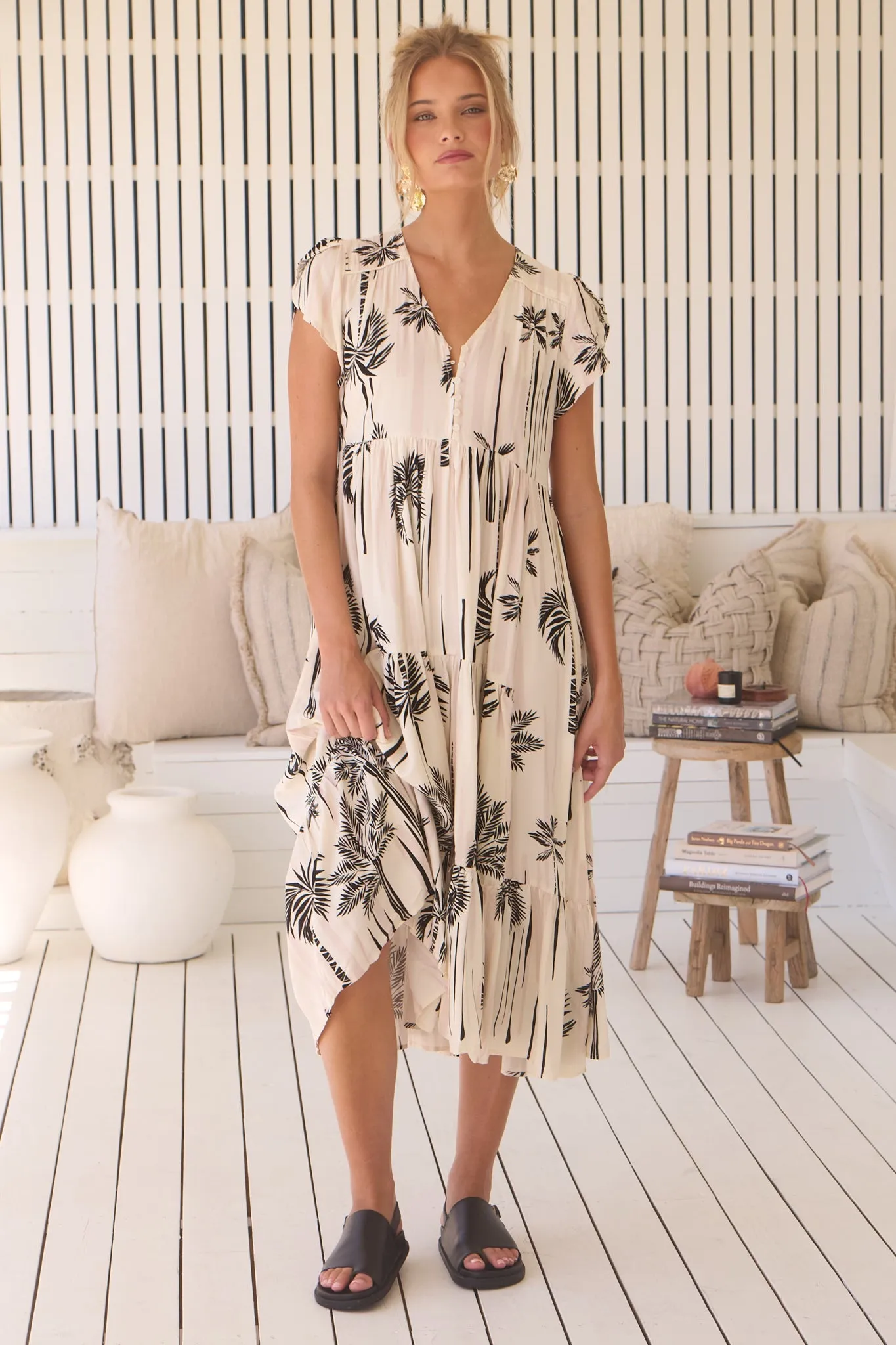 Tracey Midi Dress - Cap Sleeve Tiered Dress with Waist Tie in Serene Print sold by Salty Crush product image thumbnail 3