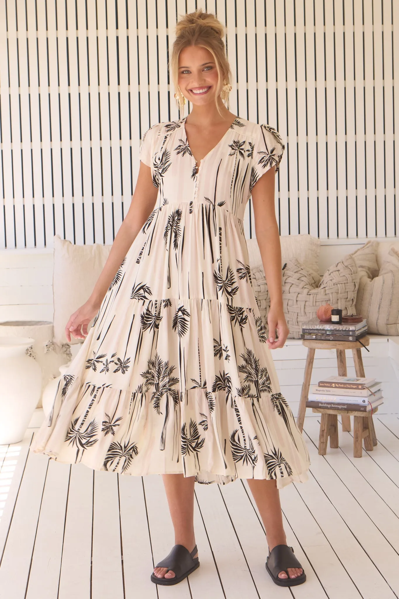 Tracey Midi Dress - Cap Sleeve Tiered Dress with Waist Tie in Serene Print sold by Salty Crush product image thumbnail 4