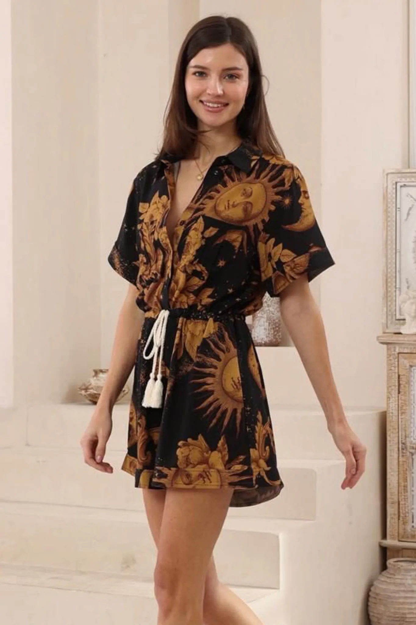 Jarah Playsuit - Collared Button Down to Waist with Tie Playsuit in Goldie Print sold by Salty Crush product image thumbnail 4