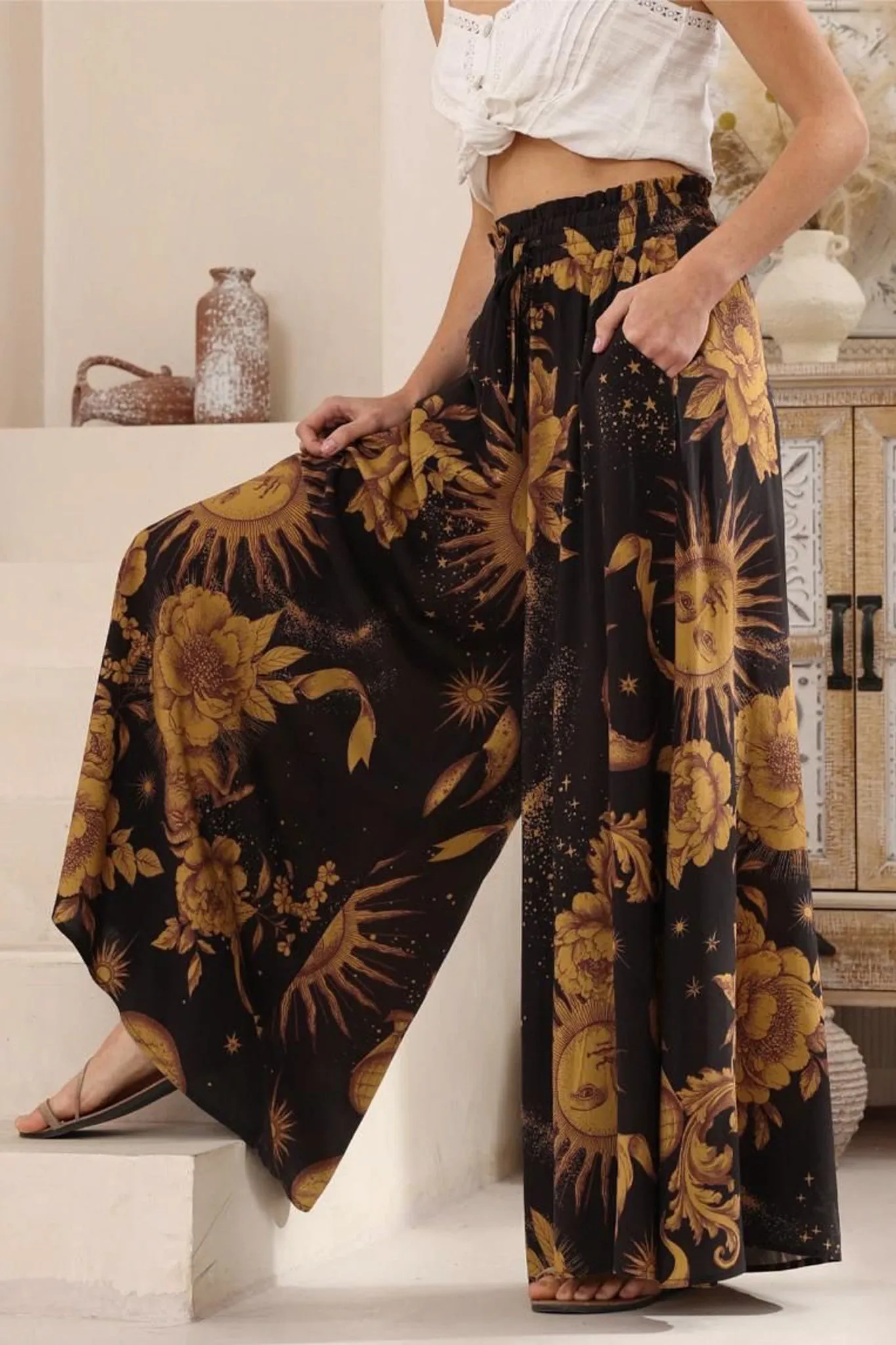 Charli Pants - Paper Bag High Waisted Wide Leg Pants in Goldie Print sold by Salty Crush product image thumbnail 2