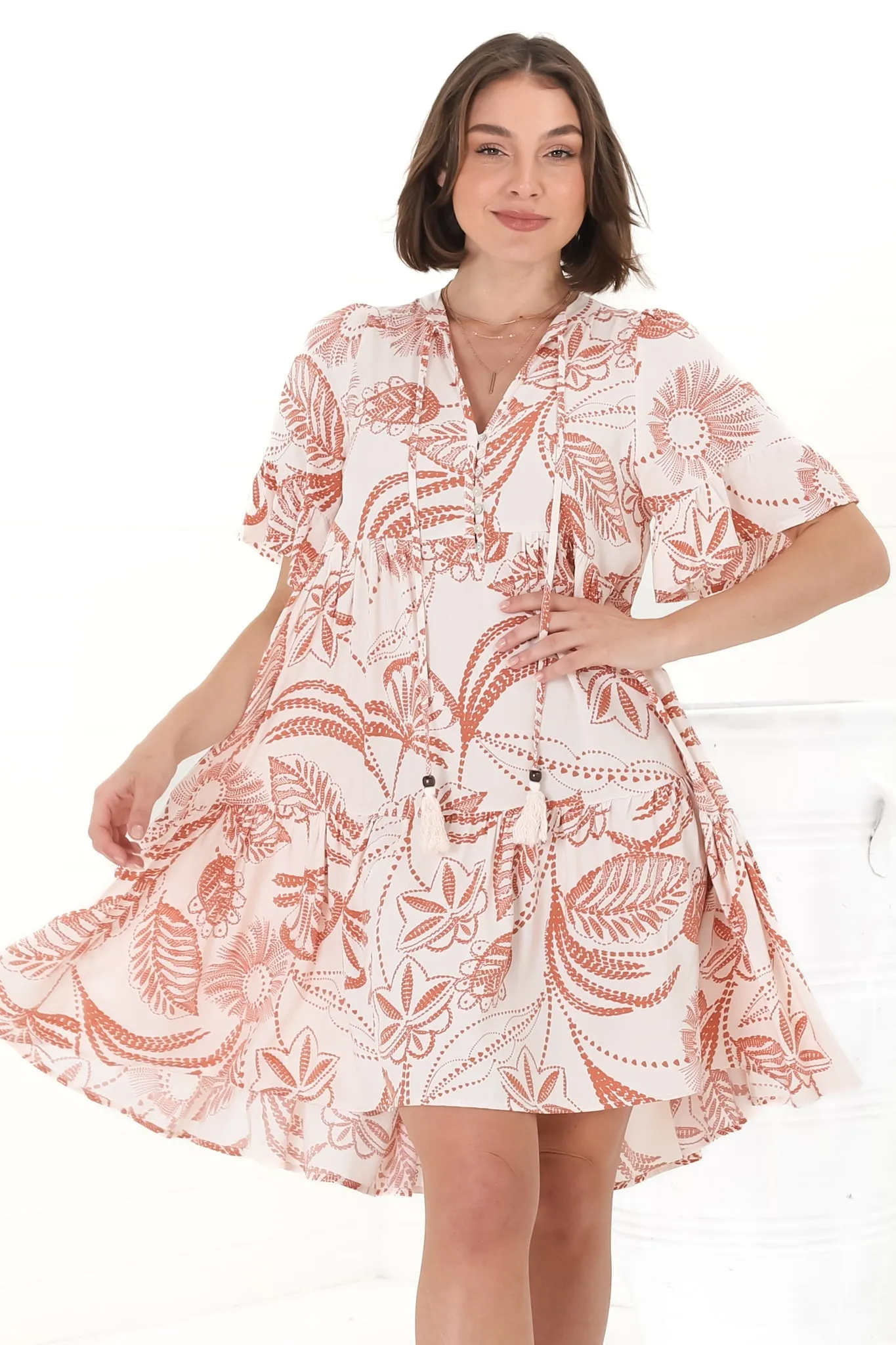 Abilia Mini Dress - Mandarin Collar Smock Dress in Havanna Print Cream sold by Salty Crush product image thumbnail 3