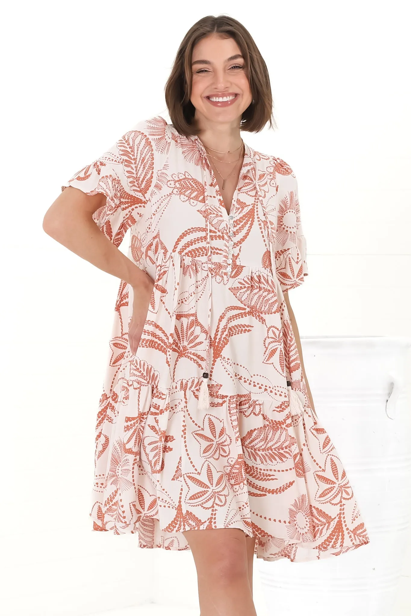 Abilia Mini Dress - Mandarin Collar Smock Dress in Havanna Print Cream sold by Salty Crush