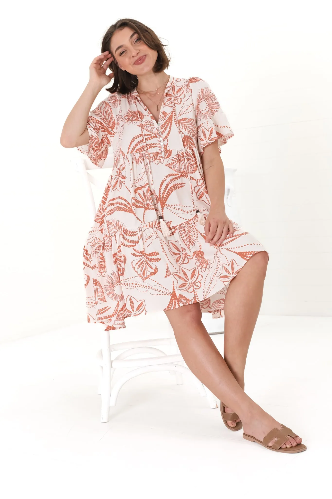 Abilia Mini Dress - Mandarin Collar Smock Dress in Havanna Print Cream sold by Salty Crush product image thumbnail 2