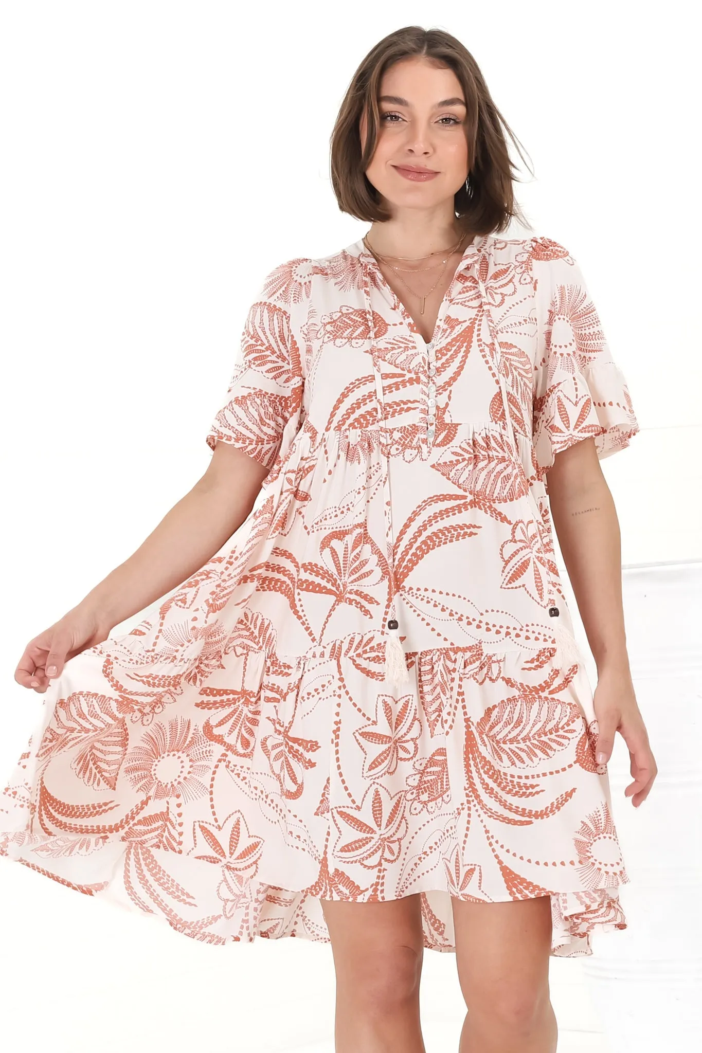Abilia Mini Dress - Mandarin Collar Smock Dress in Havanna Print Cream sold by Salty Crush product image thumbnail 5