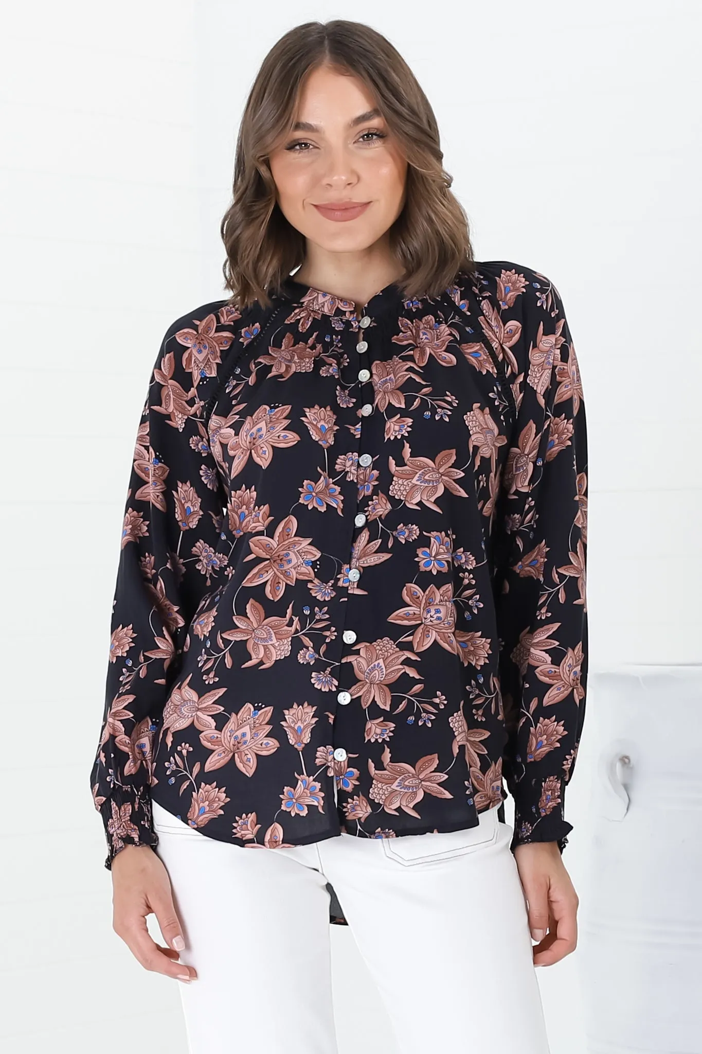 Willow Blouse - Mandarin Collar Lattice Insert Long Sleeve Shirt in Halara Print Black sold by Salty Crush product image thumbnail 5